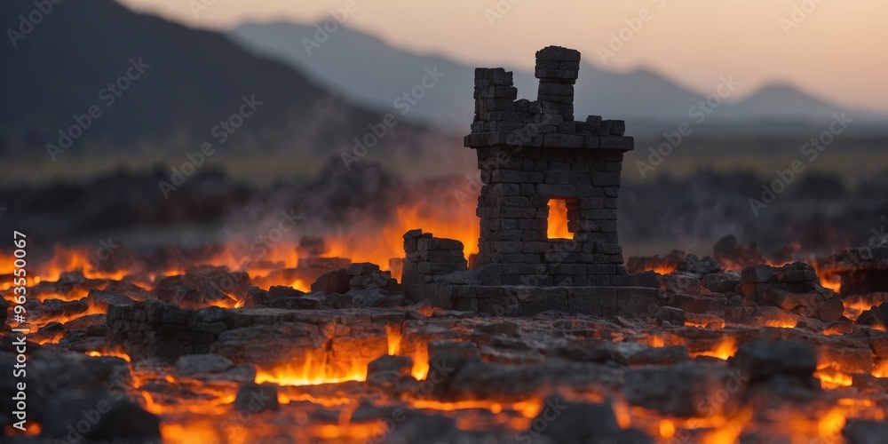 Fototapeta premium Molten Ruins of a Desolate Fortress in a Volcanic Landscape.