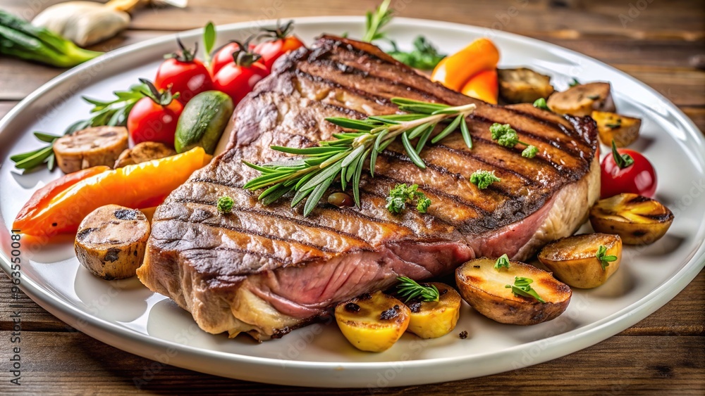 fine dining, A close up photograph of a succulent T Bone steak cooked to perfection served on a stylish white plate with a side of roasted vegetables and garnished with fresh herbs fine dining, A close up photograph of a succulent T Bone steak cooked to perfection served on a stylish white plate with a side of roasted vegetables and garnished with fresh herbs