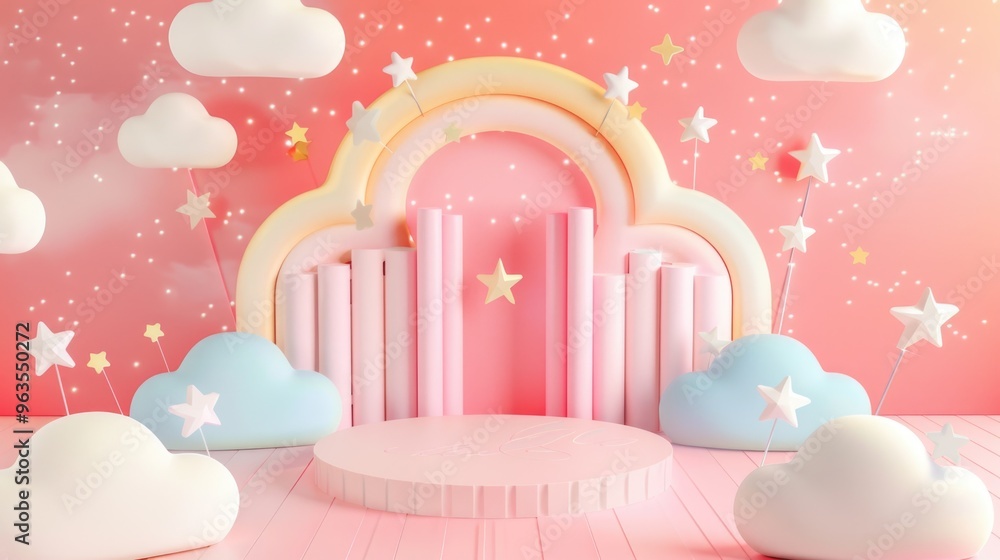A pink and blue room with a rainbow arch and stars. The room is decorated with clouds and stars, giving it a whimsical and playful atmosphere A pink and blue room with a rainbow arch and stars. The room is decorated with clouds and stars, giving it a whimsical and playful atmosphere
