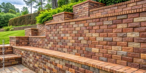 Residential retaining wall with stacked blocks and mortared brick textures, horizontal aspect photo