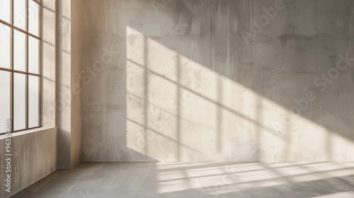 Room with window light shadows, simple design with concrete surfaces. Architecture showroom backdrop.