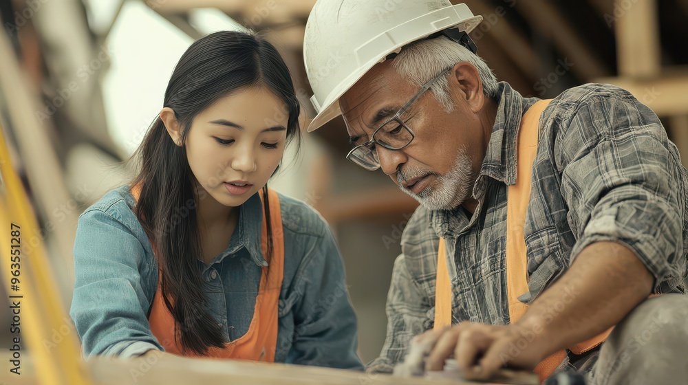 A young Asian woman and an older Hispanic man working together on a construction site, collaborating on a project.