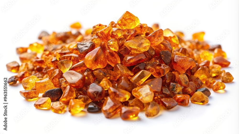 Crushed amber resembling golden gemstone particles beautifully scattered and photographed from a wide angle perspective isolated on a clean white background, white background Crushed amber resembling golden gemstone particles beautifully scattered and photographed from a wide angle perspective isolated on a clean white background, white background