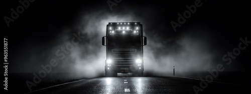 black and white truck image, close-up of truck, night road