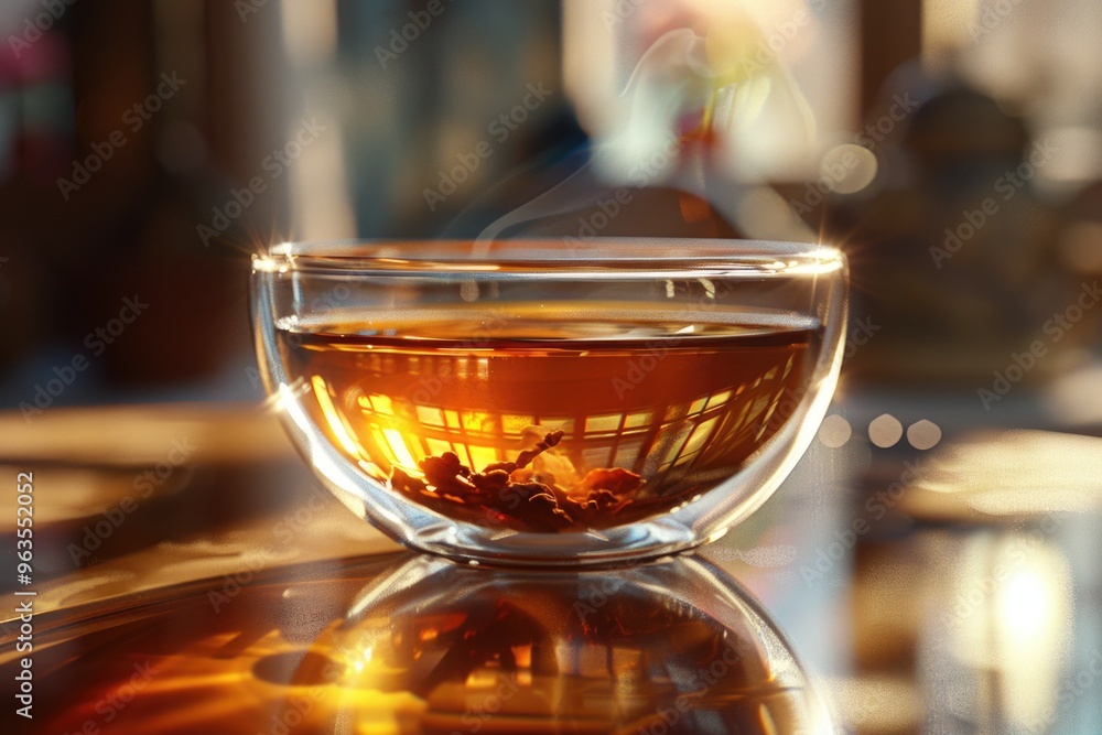A glass bowl filled with tea and a few pieces of fruit. The bowl is sitting on a table A glass bowl filled with tea and a few pieces of fruit. The bowl is sitting on a table