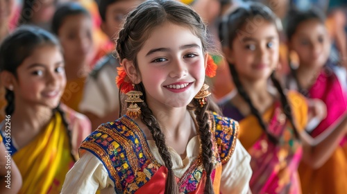 A diverse group of students participating in a cultural festival at school, showcasing traditional attire and dance.