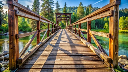 reathtaking extreme close up of a small wooden bridge suspended above the tranquil Coeur d Alene River revealing intricate woodwork and rustic details such as weathered planks and delicate handrails