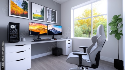 A desk with two monitors and a chair in front of it, AI