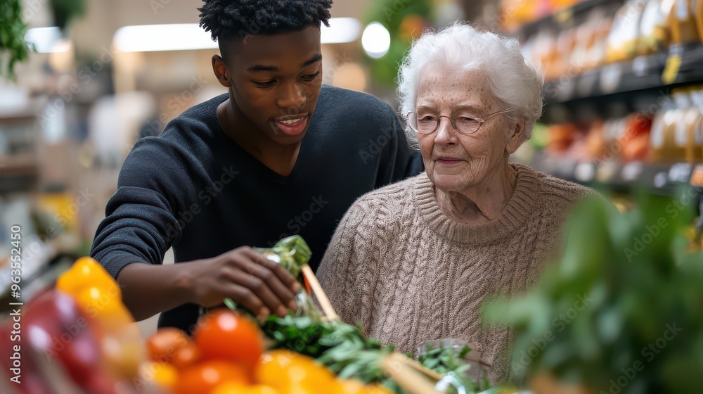A young Black man helping an elderly white woman with her groceries, demonstrating kindness and community support. A young Black man helping an elderly white woman with her groceries, demonstrating kindness and community support.