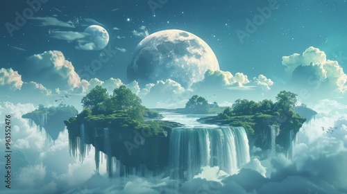 Fototapeta Naklejka Na Ścianę i Meble -  A breathtaking celestial landscape features floating islands with waterfalls, lush greenery, and a surreal starry sky with a large moon, ideal for fantasy, science fiction, and dream-like settings,