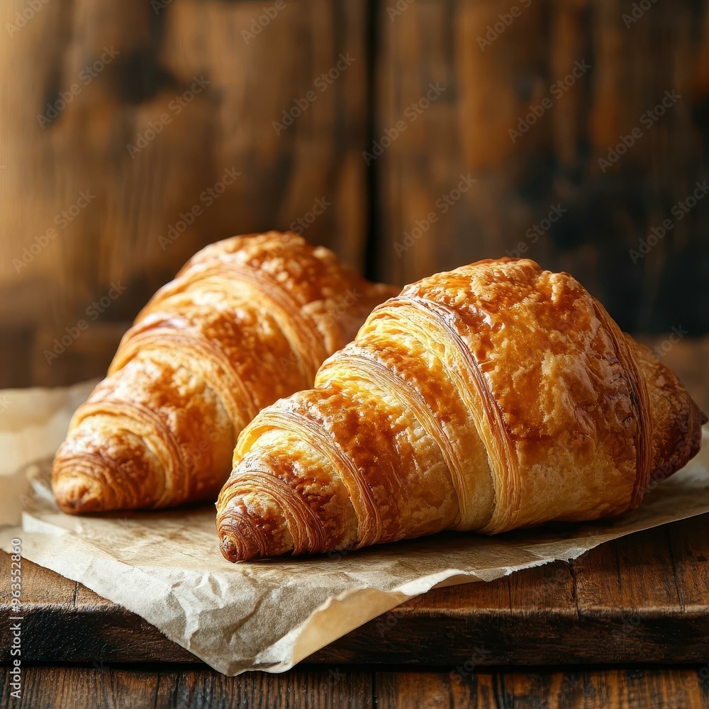 Golden, flaky croissants on rustic parchment paper atop a wooden surface ideal for use in bakery advertisements, cafe menus, food blogs, and culinary publications, Golden, flaky croissants on rustic parchment paper atop a wooden surface ideal for use in bakery advertisements, cafe menus, food blogs, and culinary publications,