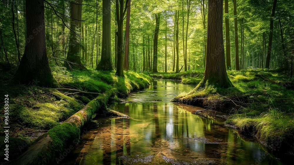A tranquil creek meanders through a lush, green forest, sunlight dappling the water and creating a sense of peace and serenity. A tranquil creek meanders through a lush, green forest, sunlight dappling the water and creating a sense of peace and serenity.