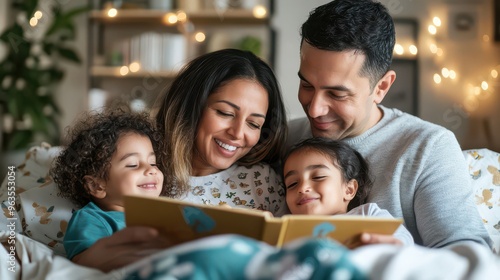 A Latina mother and a white father reading a story to their mixed-race children at bedtime.