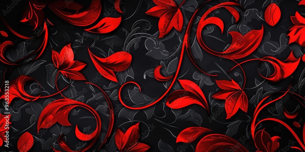 Dramatic red and black floral pattern background with bold contrasts and intricate design. AI generated illustration. Dramatic red and black floral pattern background with bold contrasts and intricate design. AI generated illustration.