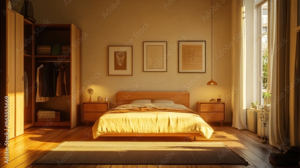 Sunlight Bathes a Modern Bedroom with Warm Hues Sunlight Bathes a Modern Bedroom with Warm Hues
