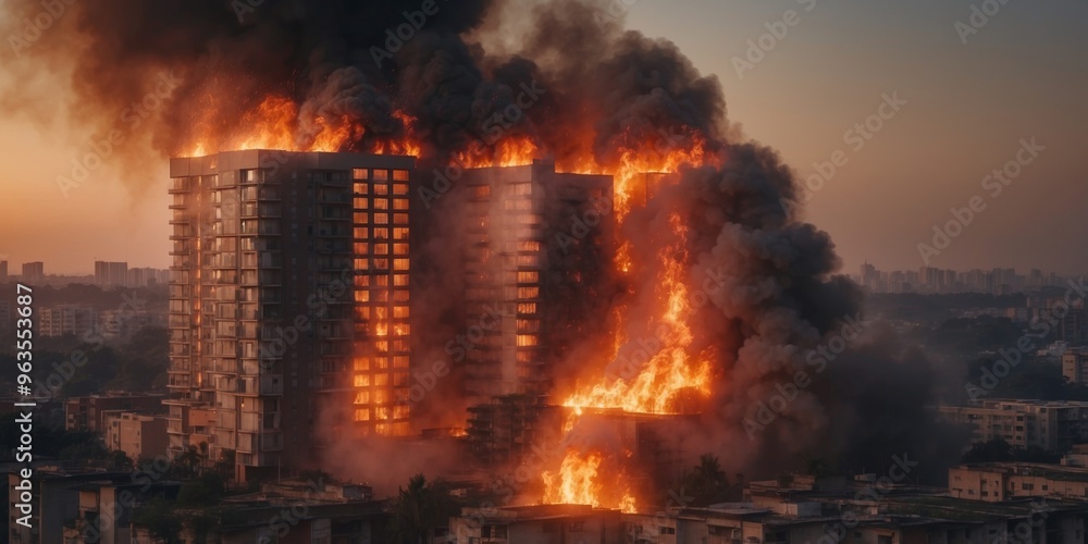 Devastating Fire Engulfs Residential Tower Block with Billowing Smoke and Intense Flames. Devastating Fire Engulfs Residential Tower Block with Billowing Smoke and Intense Flames.