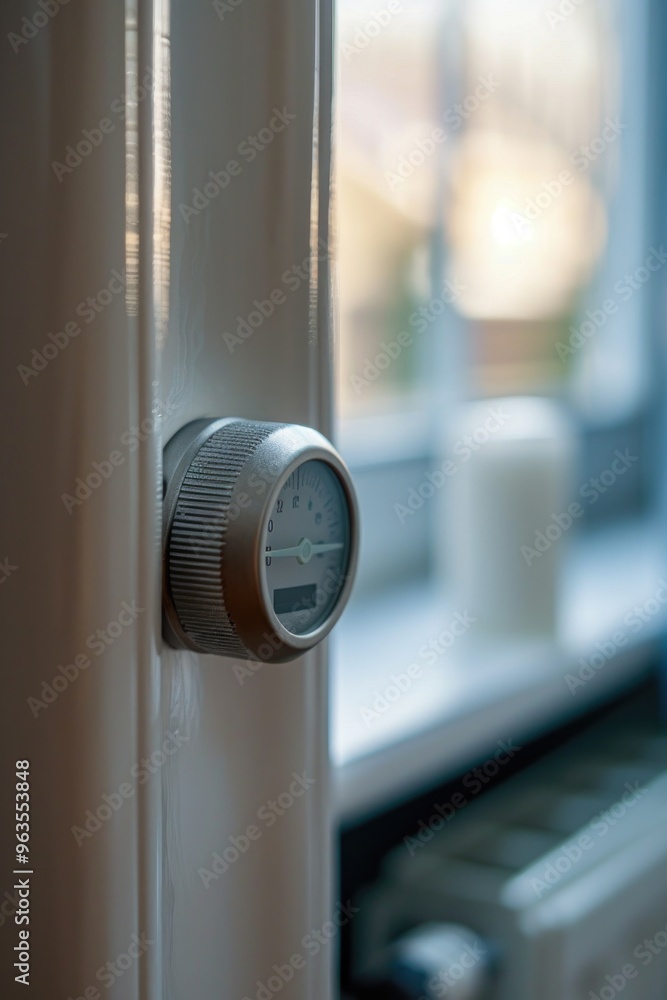 A small silver dial with a clock on it sits on a white door. The dial is set to the number 12 A small silver dial with a clock on it sits on a white door. The dial is set to the number 12