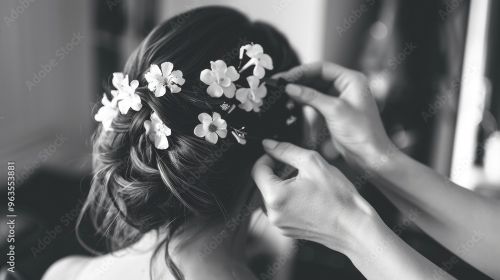 Naklejka premium A woman with a flowery headpiece is getting her hair done by a stylist. The stylist is carefully placing the flowers in the woman's hair, creating a beautiful and elegant look