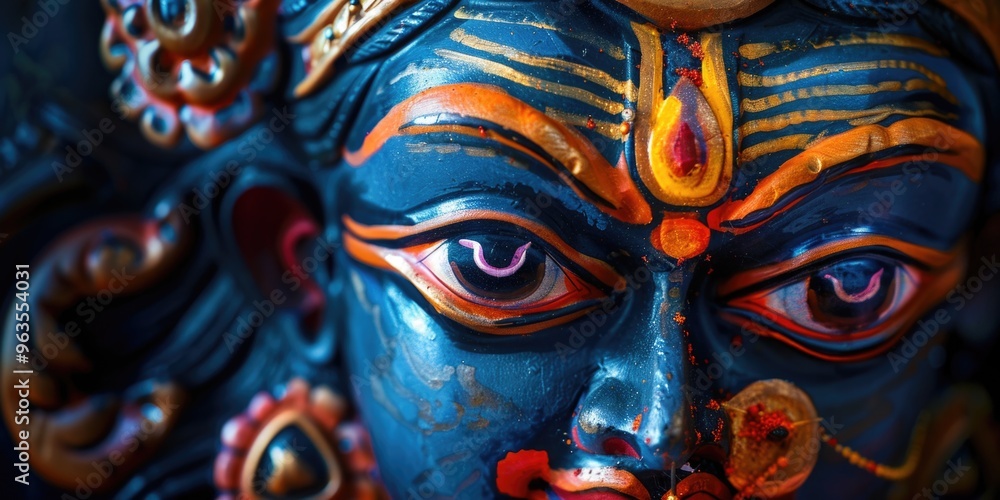 Obraz premium A woman's face with a blue and gold face mask