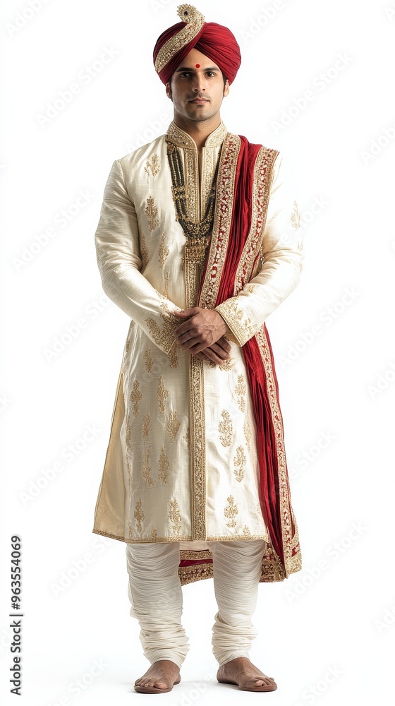 A man presents traditional Indian clothing embodying cultural elegance and sophistication A man presents traditional Indian clothing embodying cultural elegance and sophistication