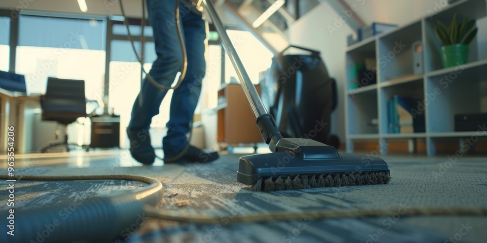 Fototapeta premium A man is vacuuming a carpet in a room. The room has a lot of furniture, including a chair, a desk, and a bookcase