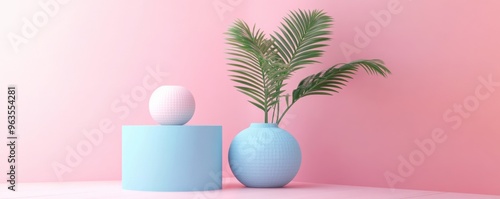 Minimalistic pink and blue composition with geometric shapes and greenery in a vibrant pastel setting