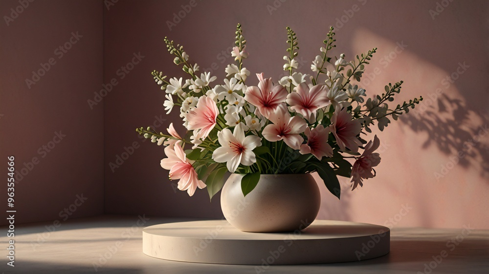 Naklejka premium A blooming spring flower, with delicate petals in shades of pink and white, adorns a 3D podium display. The scene captures the essence of beauty in nature, showcasing the intricate details of the flor