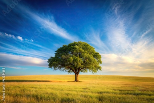 A serene lone tree stands gracefully in a vast open field perfectly embodying the concept of serene solitude, calming, harmony, landscape, zen, serene beauty, simplicity, open field