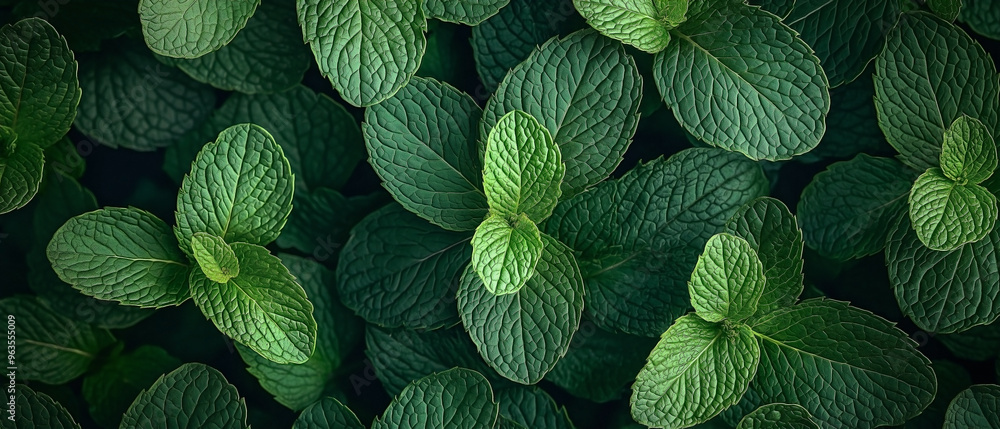 fresh mint leaves in a forest setting, contrasted against a dark background. fresh mint leaves in a forest setting, contrasted against a dark background.