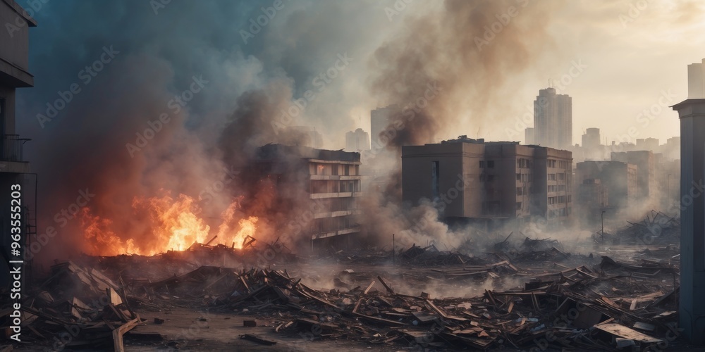Dramatic Urban Destruction Scene with Collapsed Buildings and Heavy Smoke in a Modern Cityscape. Dramatic Urban Destruction Scene with Collapsed Buildings and Heavy Smoke in a Modern Cityscape.