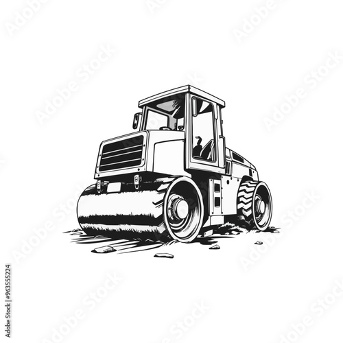 Road Roller vector artwork. Steamroller black and white clip art silhouette. Roller editable logo design
