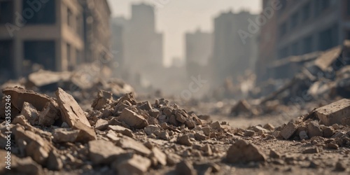 Devastated urban cityscape covered in dust and rubble after a massive destruction event. photo