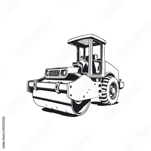 Road Roller vector artwork. Steamroller black and white clip art silhouette. Roller editable logo design
