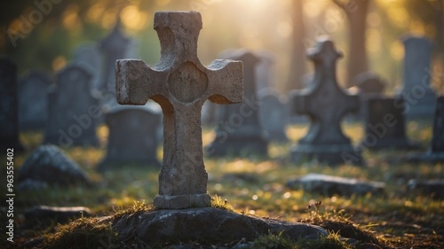 Weathered Stone Cross in Old Cemetery with Atmospheric Lighting and Copy Space.