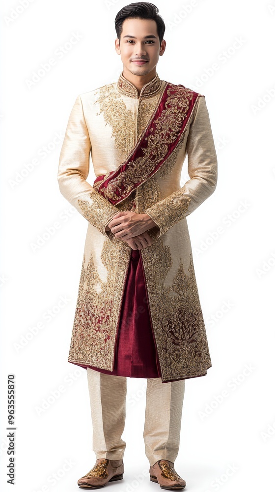 Fototapeta premium A man gracefully presents traditional Thai clothing highlighting rich embroidery and elegance
