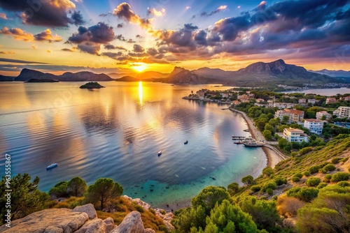 beach, Mallorca, coastline, beauty, clouds, Landscape with a breathtaking sunset at S`illot Bay capturing the stunning beauty of Pollenca in Mallorca seen from a unique worm s eye view photo