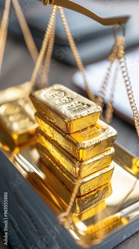 A balanced scale displaying shiny gold bars, symbolizing wealth and prosperity in finance and investment. photo