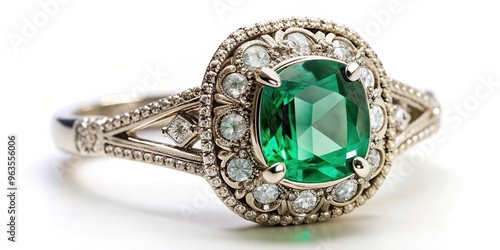 expensive, detailing, glamour, gemstone, beauty, sparkle, fine,emerald, Emerald and diamond ring with exquisite craftsmanship and intricate detailing on a pristine white background