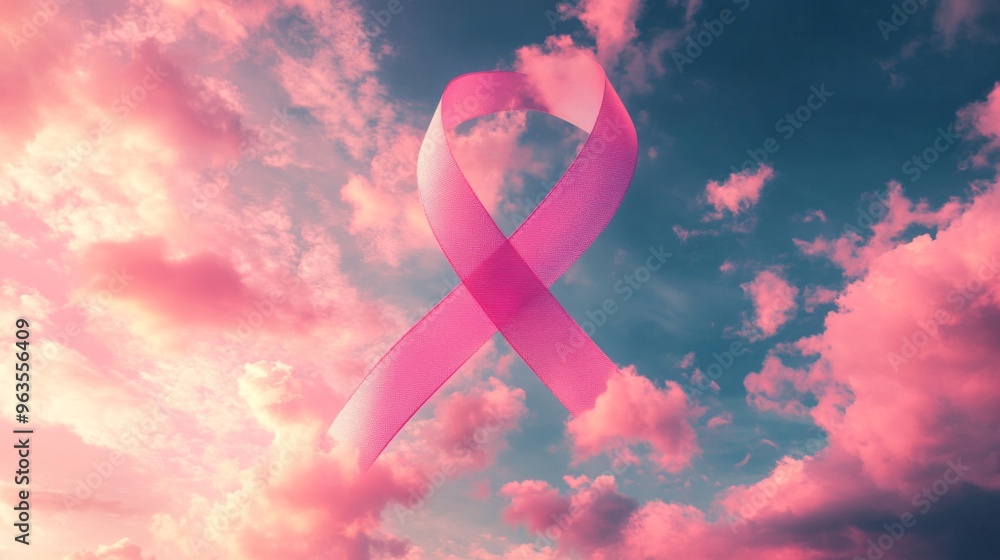 Pink Ribbon Symbol in a Cloudy Sky Pink Ribbon Symbol in a Cloudy Sky