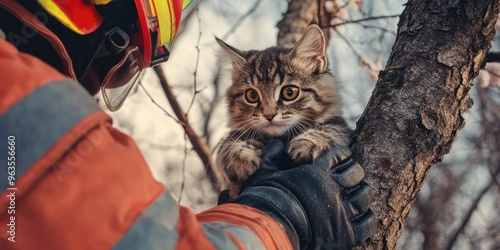 Firefighter rescuing a cat from a tree. AI generated illustration