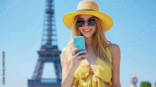 A cheerful woman in a yellow hat and sunglasses holds a smartphone, enjoying a sunny day near the Eiffel Tower in Paris.
