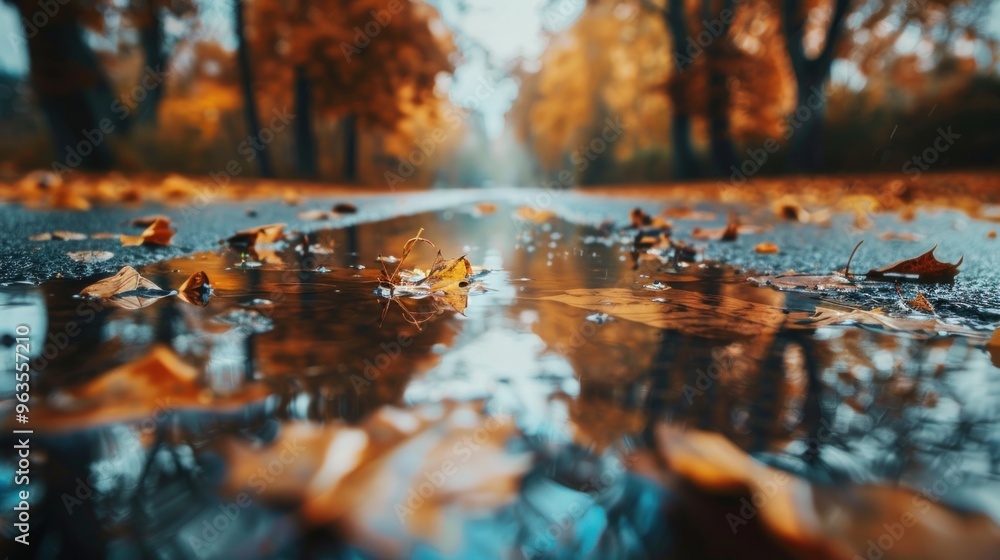A road with leaves on it and a reflection of the leaves in the water A road with leaves on it and a reflection of the leaves in the water