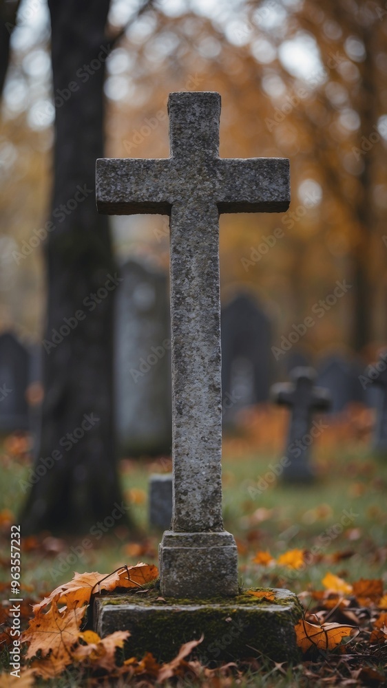 Weathered Ancient Stone Cross in a Peaceful Graveyard with Atmospheric Autumn Landscape. Weathered Ancient Stone Cross in a Peaceful Graveyard with Atmospheric Autumn Landscape.