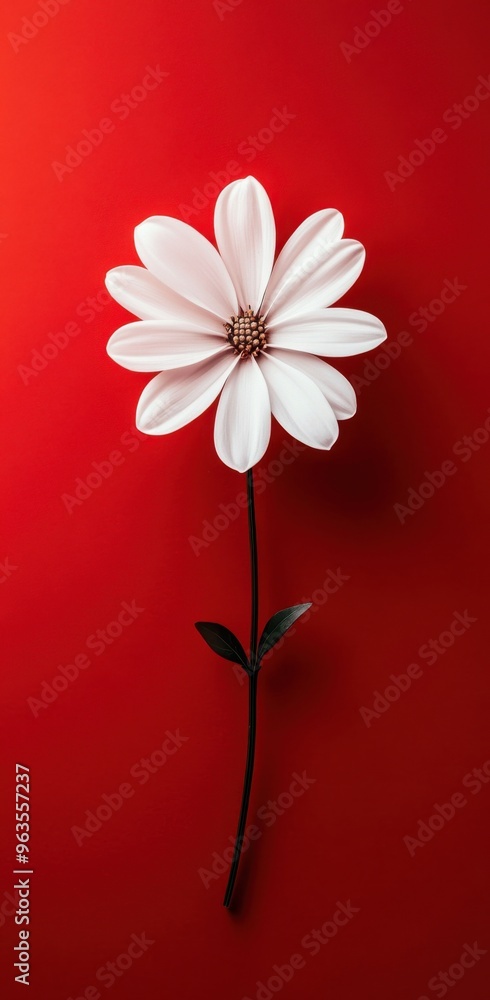 Naklejka premium White flower on vibrant red background showcasing minimalist beauty and bold contrast in photography art.
