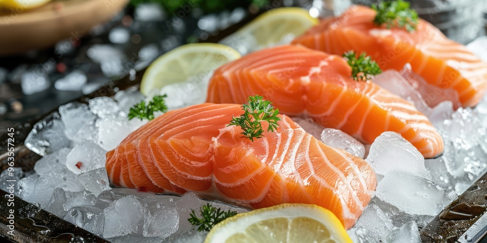 Fresh Salmon Fillets on Ice with Lemon and Herbs. AI generated illustration Fresh Salmon Fillets on Ice with Lemon and Herbs. AI generated illustration