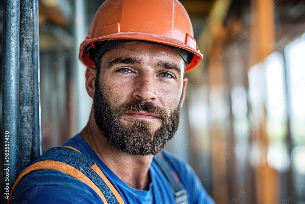 A confident construction worker with a beard wearing an orange hard hat, posing at a building site, showcasing safety and professionalism. A confident construction worker with a beard wearing an orange hard hat, posing at a building site, showcasing safety and professionalism.