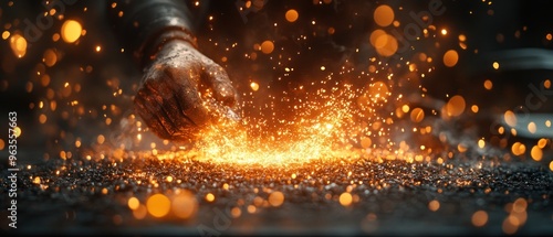 A Gloved Hand Striking a Hot Metal Surface, Sparking and Glowing photo