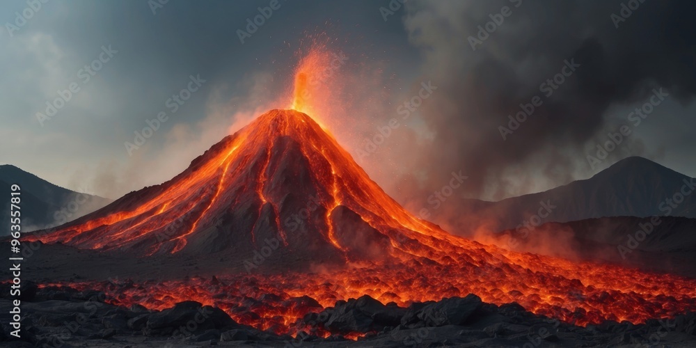 Hot lava is erupting from the volcano with smoke Natural disaster. Hot lava is erupting from the volcano with smoke Natural disaster.