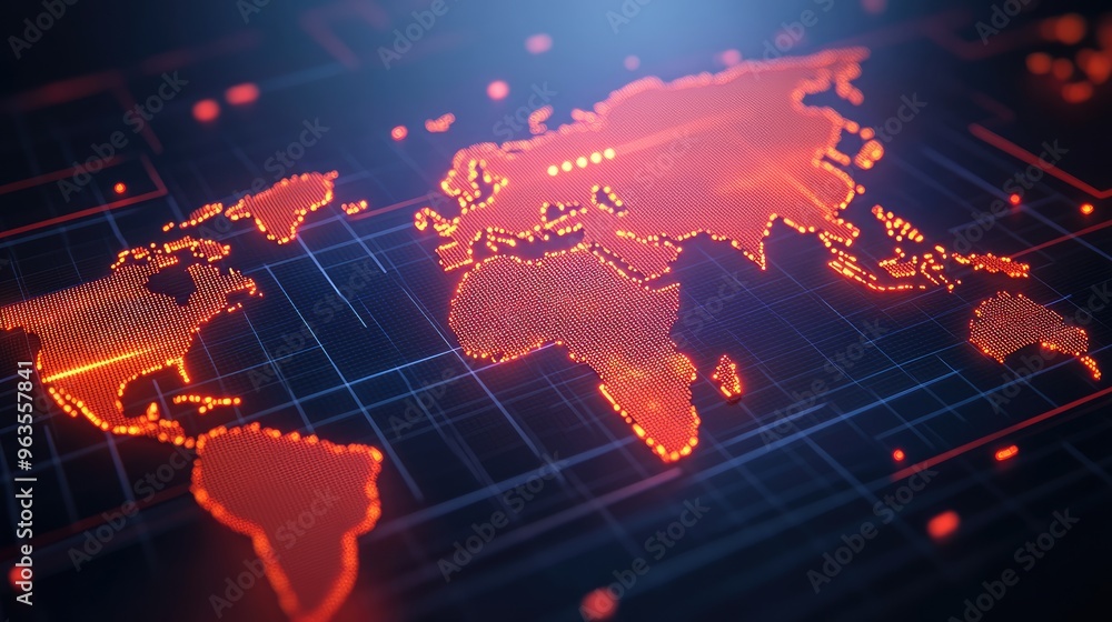 A digital world map with glowing red outlines and grid lines, representing global connectivity and technological advancements. A digital world map with glowing red outlines and grid lines, representing global connectivity and technological advancements.