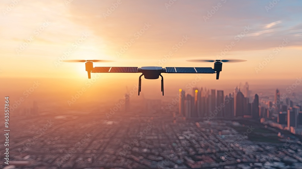 A drone hovering over a city skyline at sunset, showcasing modern technology and stunning urban landscapes. A drone hovering over a city skyline at sunset, showcasing modern technology and stunning urban landscapes.